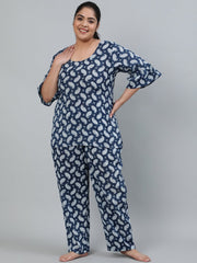 Plus Size Women Blue Printed Night Suit With Half Sleeves