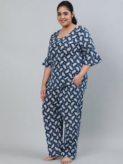 Plus Size Women Blue Printed Night Suit With Half Sleeves