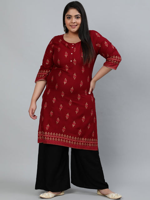 Plus Size Women Maroon & Gold Printed Staright Kurta With Three Quarter Sleeves