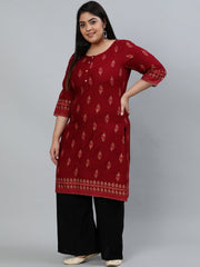 Plus Size Women Maroon & Gold Printed Staright Kurta With Three Quarter Sleeves