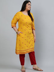 Plus Size Women Yellow & Gold Printed Staright Kurta With Three Quarter Sleeves