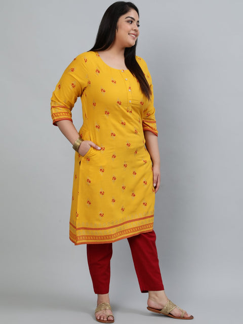 Plus Size Women Yellow & Gold Printed Staright Kurta With Three Quarter Sleeves