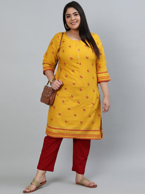 Plus Size Women Yellow & Gold Printed Staright Kurta With Three Quarter Sleeves