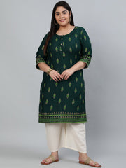 Plus Size Women Green & Gold Printed Staright Kurta With Three Quarter Sleeves