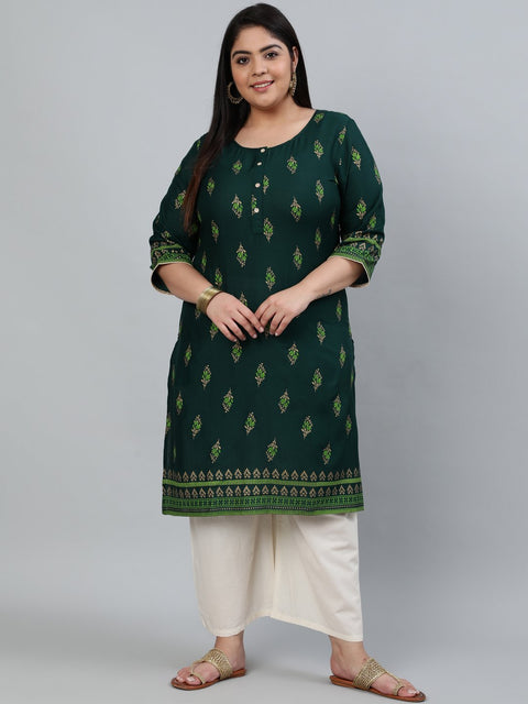 Plus Size Women Green & Gold Printed Staright Kurta With Three Quarter Sleeves