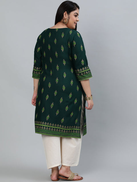 Plus Size Women Green & Gold Printed Staright Kurta With Three Quarter Sleeves