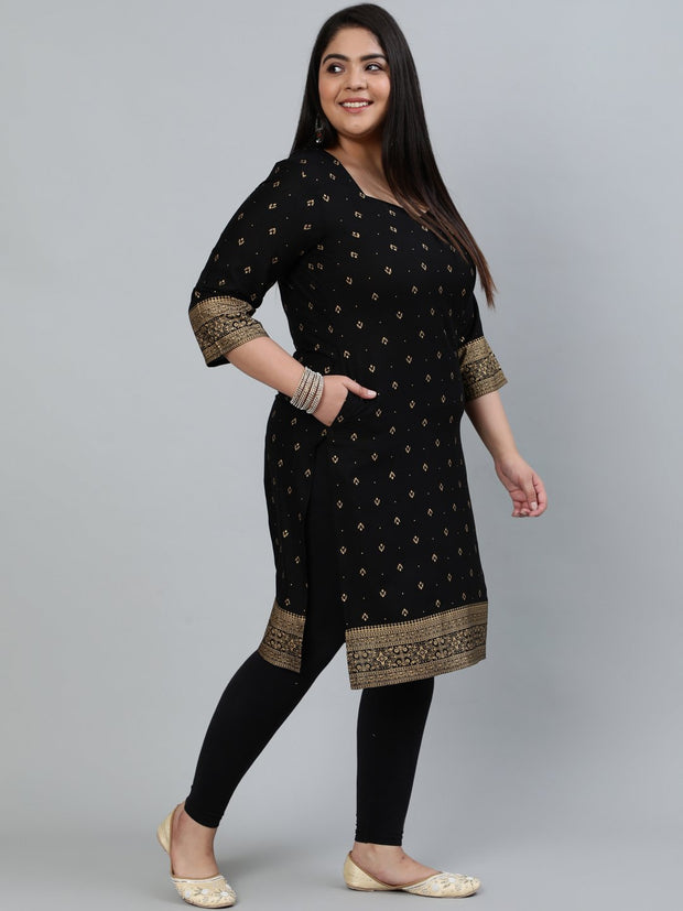 Plus Size Women Black & Gold Printed Staright Kurta With Three Quarter Sleeves
