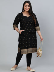 Plus Size Women Black & Gold Printed Staright Kurta With Three Quarter Sleeves