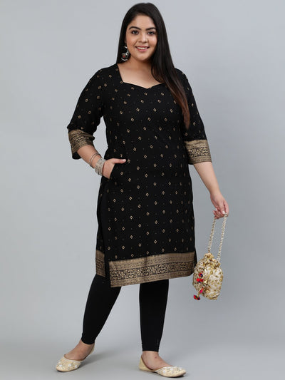 Plus Size Women Black & Gold Printed Staright Kurta With Three Quarter Sleeves