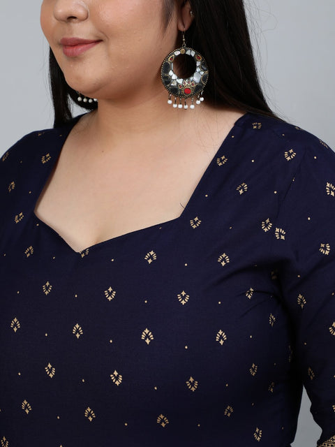 Plus Size Women Navy Blue & Gold Printed Staright Kurta With Three Quarter Sleeves