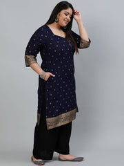 Plus Size Women Navy Blue & Gold Printed Staright Kurta With Three Quarter Sleeves