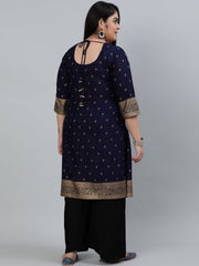 Plus Size Women Navy Blue & Gold Printed Staright Kurta With Three Quarter Sleeves