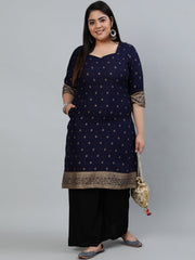 Plus Size Women Navy Blue & Gold Printed Staright Kurta With Three Quarter Sleeves