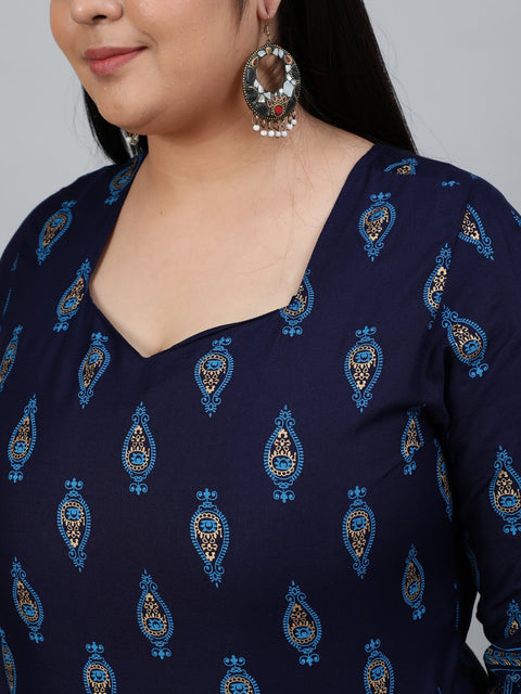 Plus Size Women Navy Blue & Gold Printed Staright Kurta With Three Quarter Sleeves