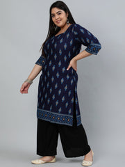 Plus Size Women Navy Blue & Gold Printed Staright Kurta With Three Quarter Sleeves