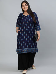 Plus Size Women Navy Blue & Gold Printed Staright Kurta With Three Quarter Sleeves