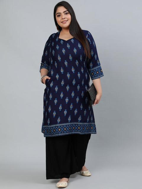Plus Size Women Navy Blue & Gold Printed Staright Kurta With Three Quarter Sleeves
