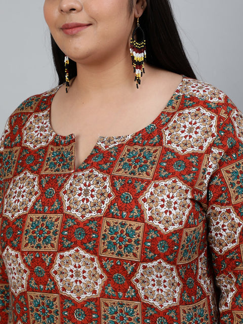 Plus Size Women Brown Printed Straight Kurta With Palazo & Dupatta