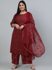 Plus Size Women Maroon Printed Straight Kurta With Palazo & Dupatta