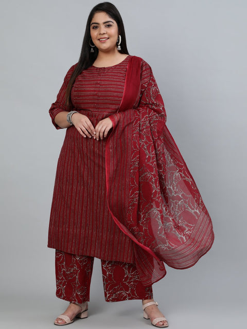 Plus Size Women Maroon Printed Straight Kurta With Palazo & Dupatta