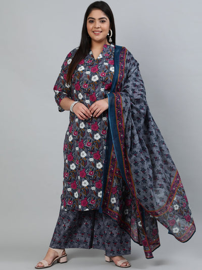 Plus Size Women Grey Printed Straight Kurta With Palazo & Dupatta