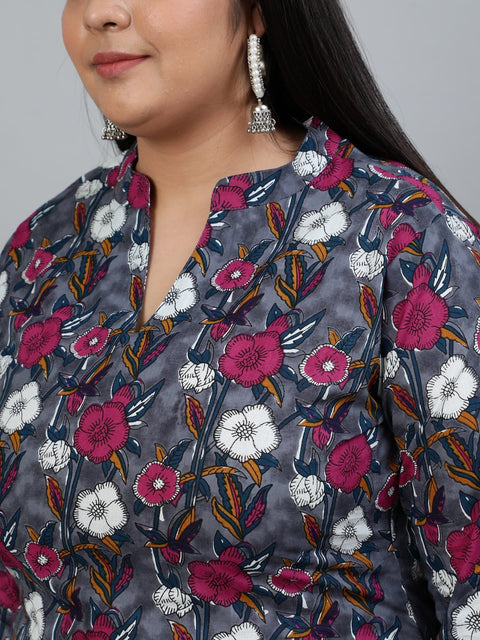 Plus Size Women Grey Printed Straight Kurta With Palazo & Dupatta