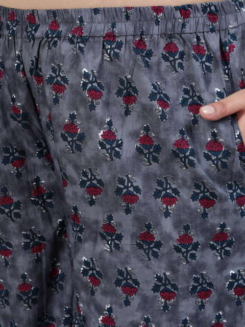 Plus Size Women Grey Printed Straight Kurta With Palazo & Dupatta