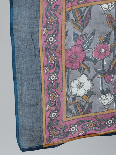 Plus Size Women Grey Printed Straight Kurta With Palazo & Dupatta