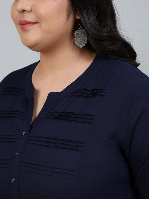 Plus Size Women Navy Blue Pleated Tunic WIth Three Quarter Sleeves