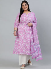 Plus Size Women Purple Printed Straight Kurta With Palazo & Dupatta
