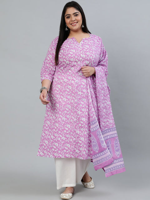 Plus Size Women Purple Printed Straight Kurta With Palazo & Dupatta