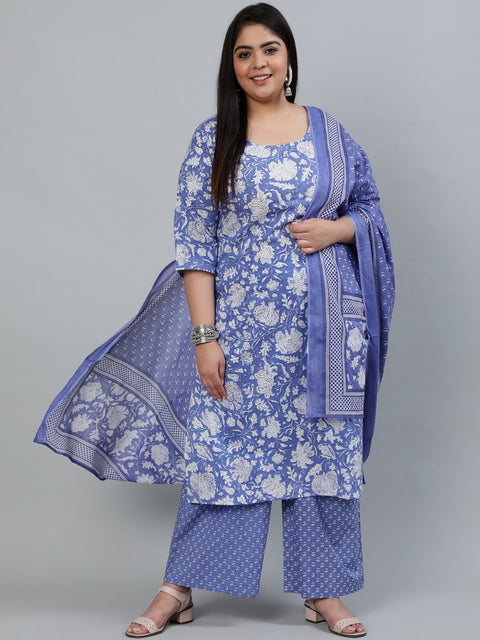 Plus Size Women Purple Printed Straight Kurta With Palazo & Dupatta