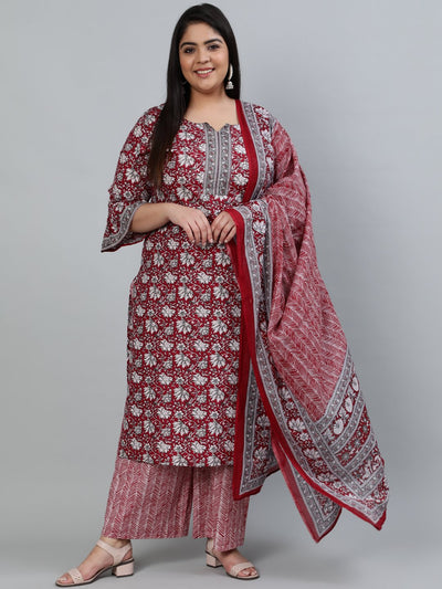 Plus Size Women Red Printed Straight Kurta With Palazo & Dupatta