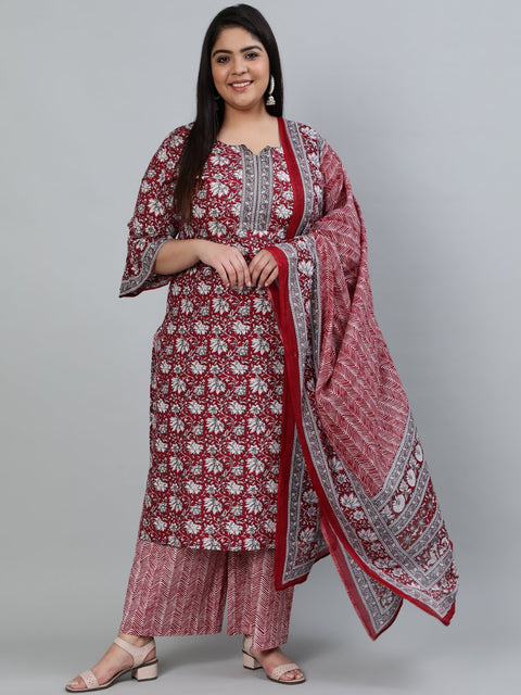 Plus Size Women Red Printed Straight Kurta With Palazo & Dupatta