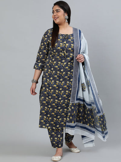 Plus Size Women Grey Printed Straight Kurta With Trouser & Dupatta