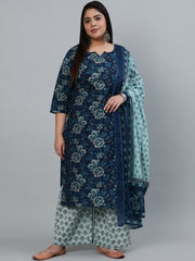 Women Blue Printed Straight Kurta With Plazzo & Dupatta