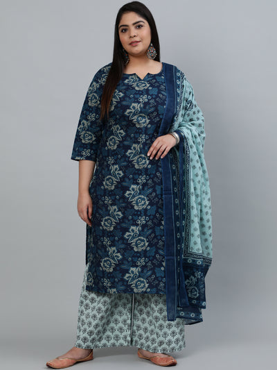 Women Blue Printed Straight Kurta With Plazzo & Dupatta