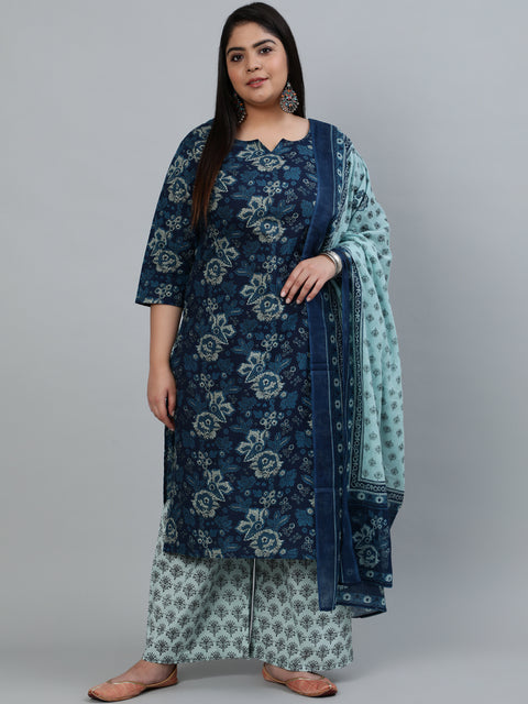 Women Blue Printed Straight Kurta With Plazzo & Dupatta