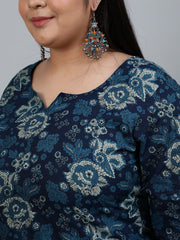 Women Blue Printed Straight Kurta With Plazzo & Dupatta