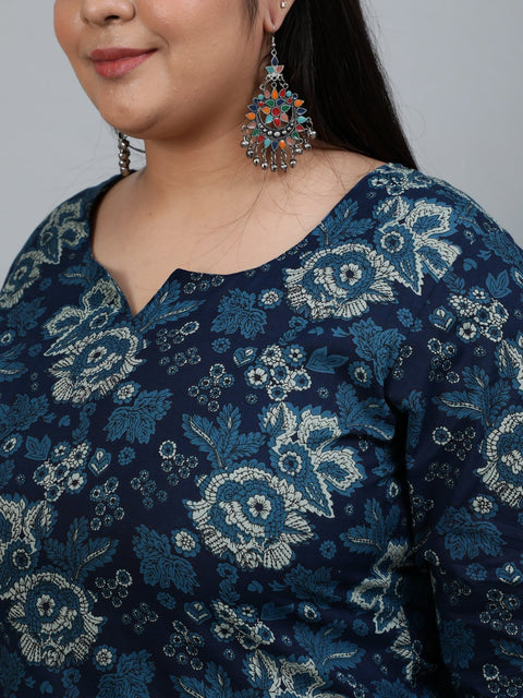 Women Blue Printed Straight Kurta With Plazzo & Dupatta