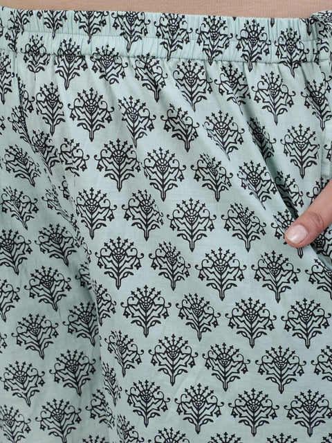 Women Blue Printed Straight Kurta With Plazzo & Dupatta