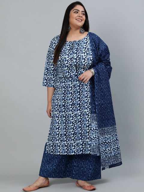 Plus Size Women Blue Printed Straight Kurta With Palazo & Dupatta