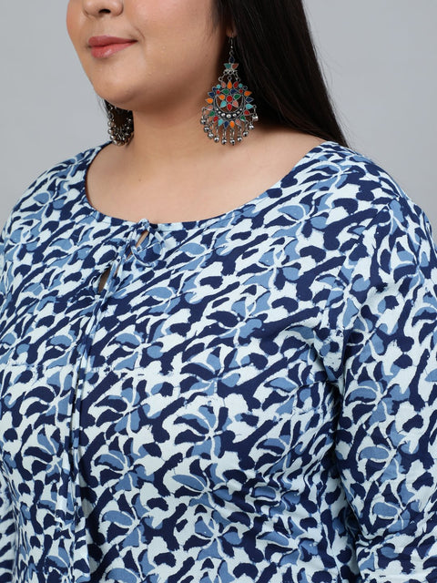 Plus Size Women Blue Printed Straight Kurta With Palazo & Dupatta