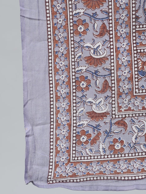 Plus Size Women Grey Printed Straight Kurta With Palazo & Dupatta