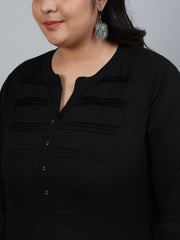 Plus Size Women Black Pleated Tunic WIth Three Quarter Sleeves