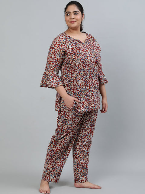 Plus Size Women Maroon Printed Night Suit With Three Quarters Flared Sleeves