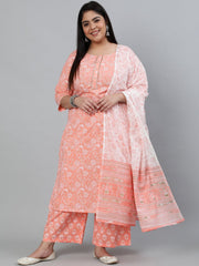 Plus Size Women Peach & Gold Printed Straight Kurta With Palazo & Dupatta
