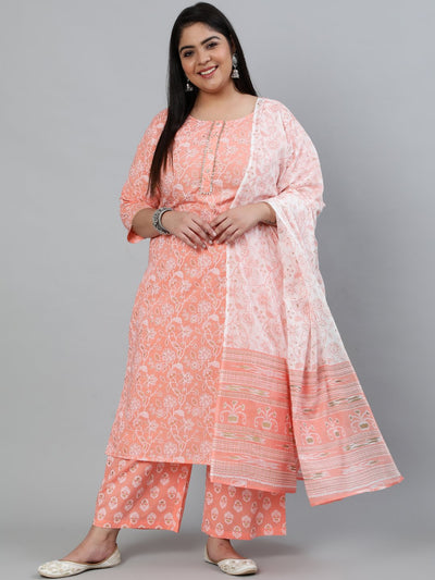 Plus Size Women Peach & Gold Printed Straight Kurta With Palazo & Dupatta