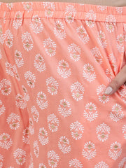 Plus Size Women Peach & Gold Printed Straight Kurta With Palazo & Dupatta