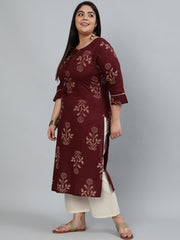 Plus Size Women Brown & Gold Printed Straight Kurta With Palazo & Dupatta